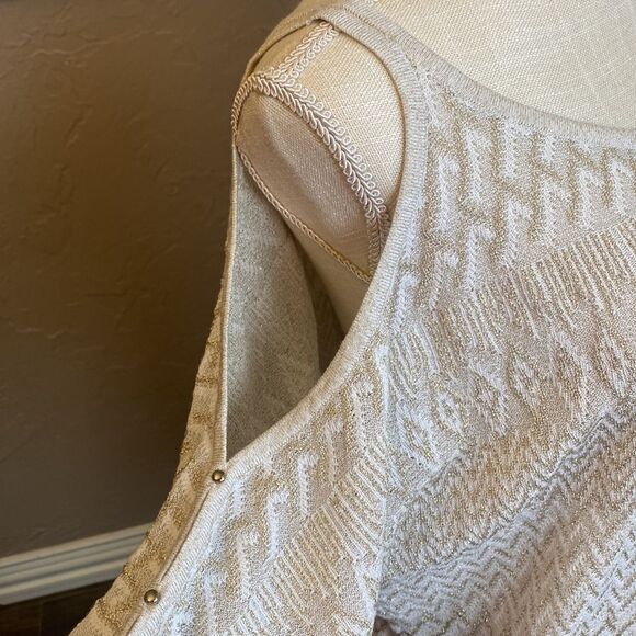 White House Black Market Knit Cream Gold Sparkle Cold Shoulder Sweater Sz Large - Picture 3 of 13